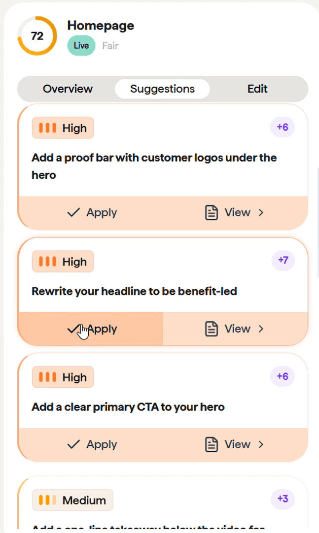 Image of suggested actions in Optise Website Platform